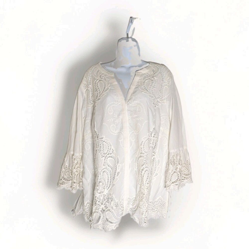 NWT Chicos Cotton Button Down Blouse Womens Sz 3 16/18 Lace Flare Sleeve Peasant - Picture 2 of 16